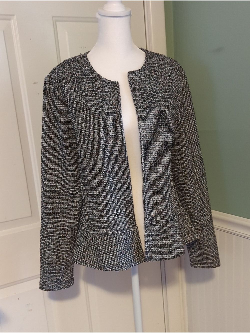 LOFT Black & White Tweed Open-Front Peplum Jacket Large Flecks Of Color